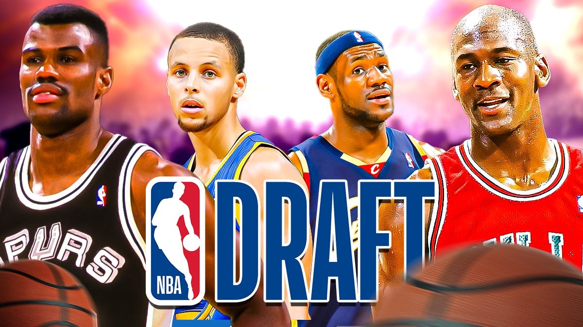 All of the following players together (ideally as their younger/rookie selves). Steph Curry (Warriors), David Robinson (Spurs), LeBron James (Cavaliers), Michael Jordan (Bulls). NBA Draft logo in front.