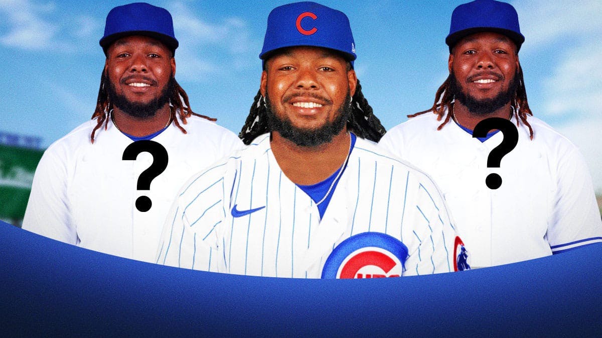 3 identical photos of Vladimir Guerrero Jr., one n a Cubs jersey, two in blank white jerseys with question marks on them
