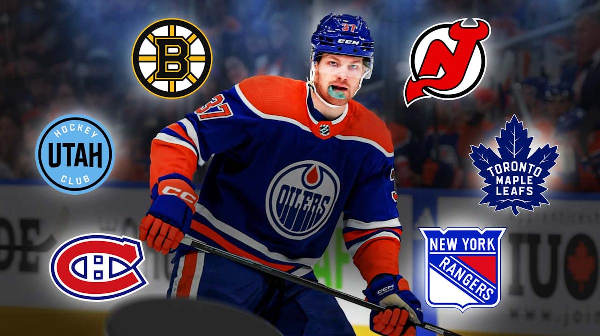 Warren Foegele in an Oilers jersey with logos for Boston Bruins, Utah Hockey Club, Montreal Canadiens, New Jersey Devils, Toronto Maple Leafs, and New York Rangers
