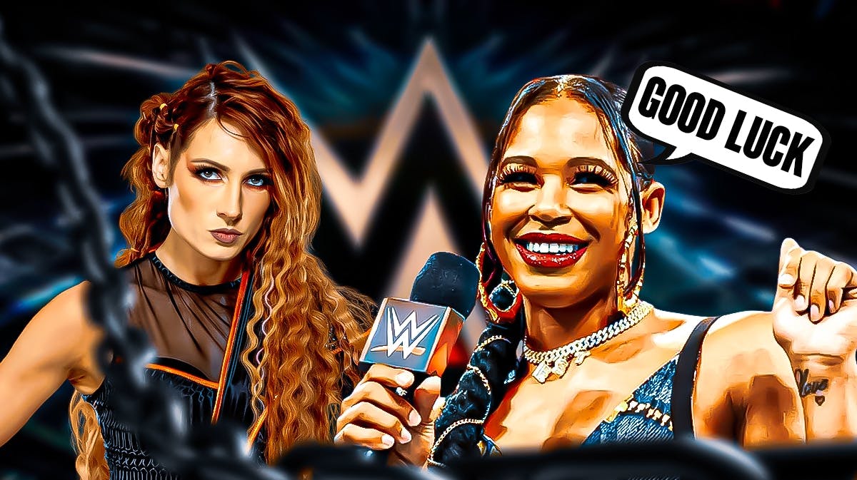 Bianca Belair with a text bubble reading "Good Luck" next to Becky Lynch with the WWE logo as the background.