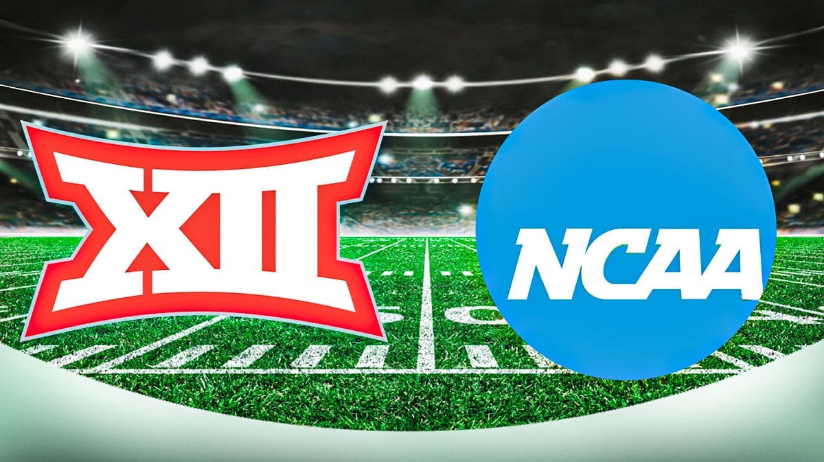 Big 12 Conference logo sits next to NCAA logo with name-rights reporters in background