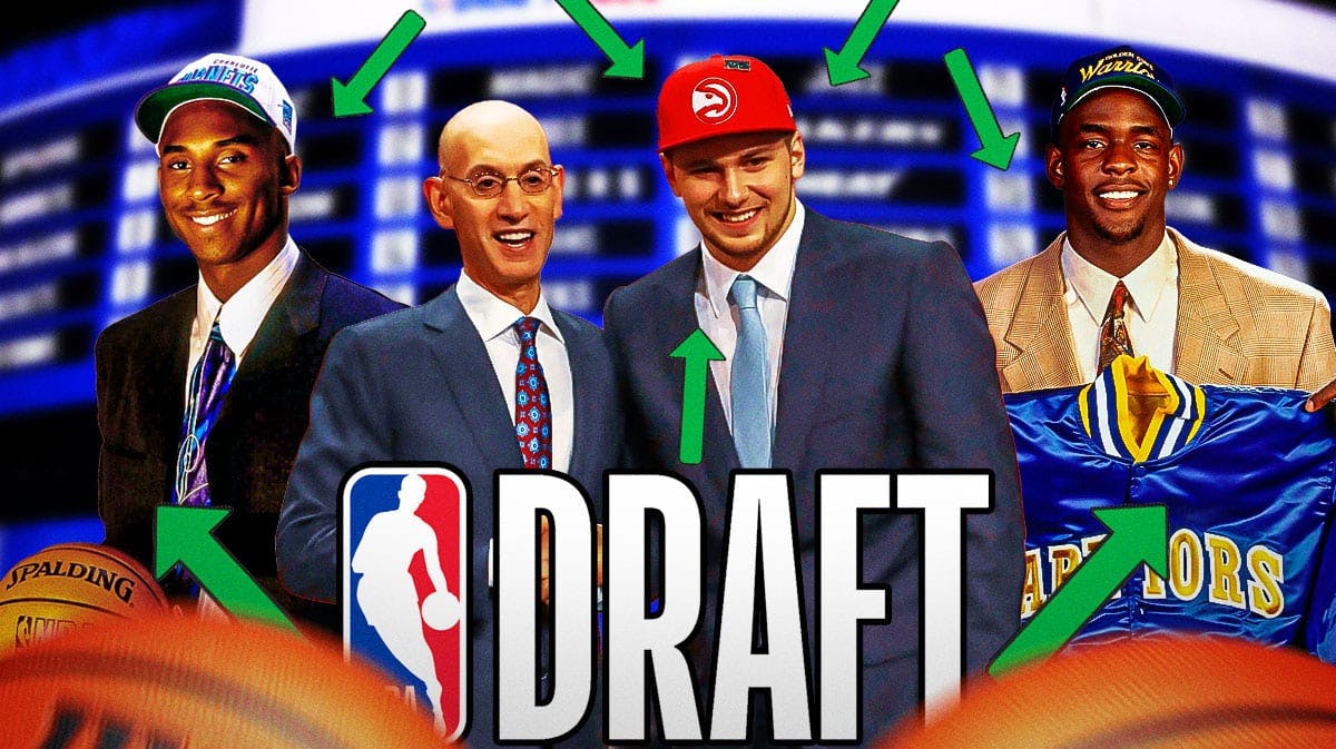 Luke Doncic in Hawks hat on draft day, Kobe Bryant in Hornets hat on draft day, Chris Webber in Warriors hat on draft day. NBA Draft logo in front. Arrows pointing every which way.