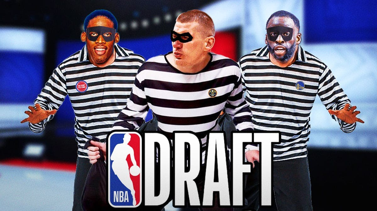 Nikola Jokic (Nuggets), Draymond Green (Warriors), Dennis Rodman (Pistons). All together wearing burglar outfit (white.black stripe shirt with black mask over eyes) with NBA Draft logo in front.