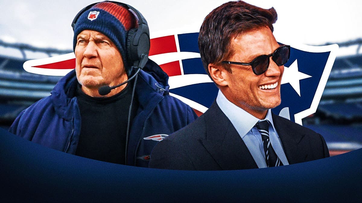 Former New England Patriots QB Tom Brady with former Patriots head coach Bill Belichick. There is also a logo for the New England Patriots.