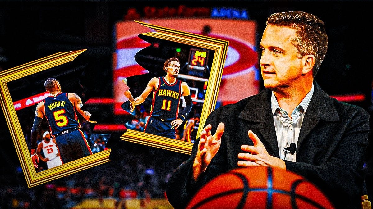 Bill Simmons looking at a picture of Hawks' Trae Young and Dejounte Murray together, but ripped in half