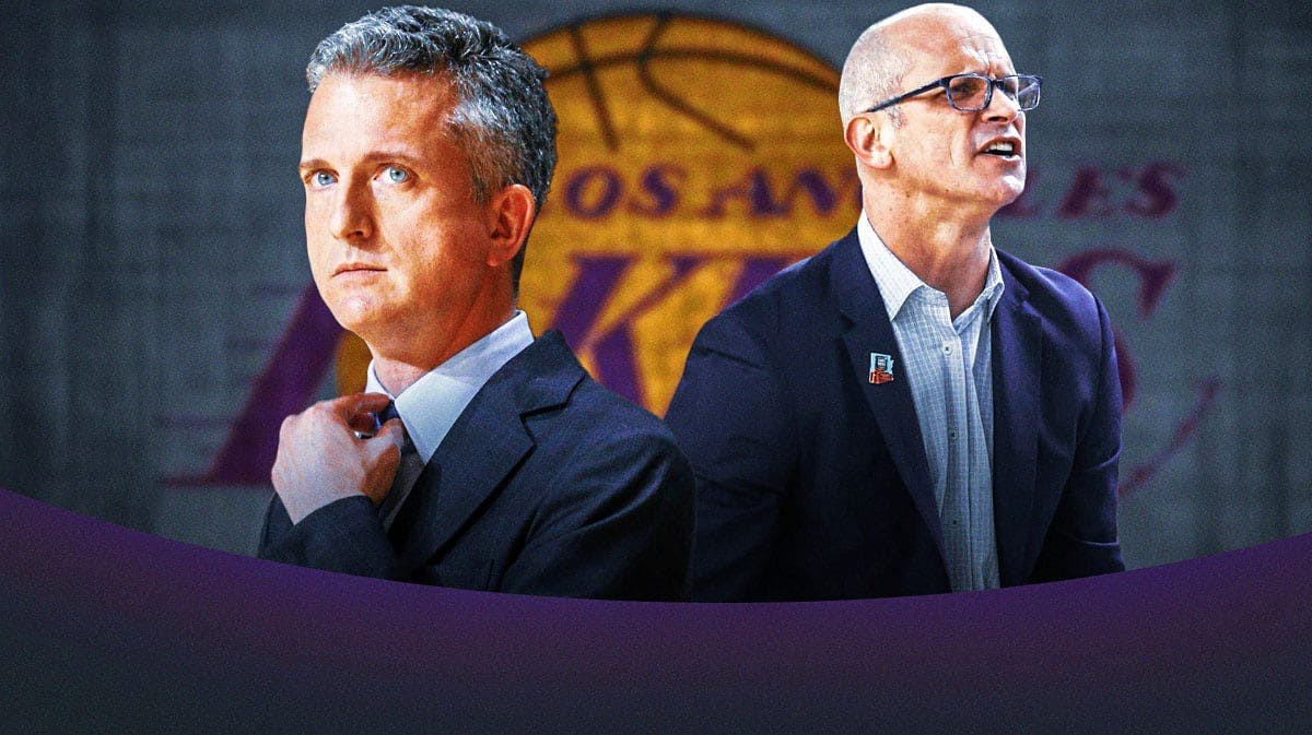 Bill Simmons and UConn basketball coach Dan Hurley with Los Angeles Lakers logo