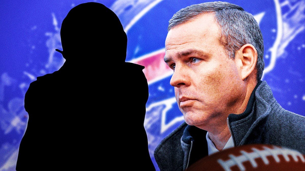 Bills GM Brandon Beane looking at a silhouette of Chase Claypool with a Bills logo background.