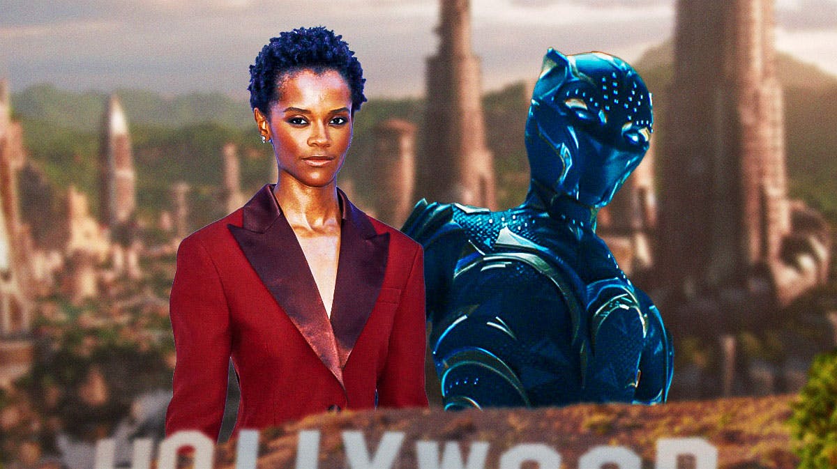 Letitia Wright next to Black Panther with MCU Wakanda background.