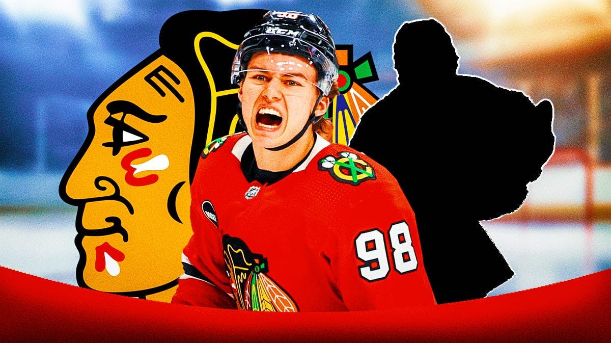 Connor Bedard in image looking happy, 1 silhouetted Chicago Blackhawks player, Chicago Blackhawks logo, hockey rink in background