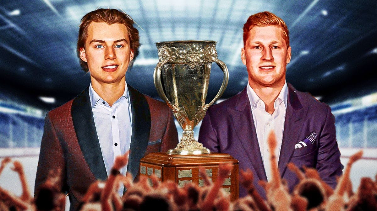 Connor Bedard and Nathan MacKinnon both in image looking happy, Hart Trophy in image, hockey rink in background