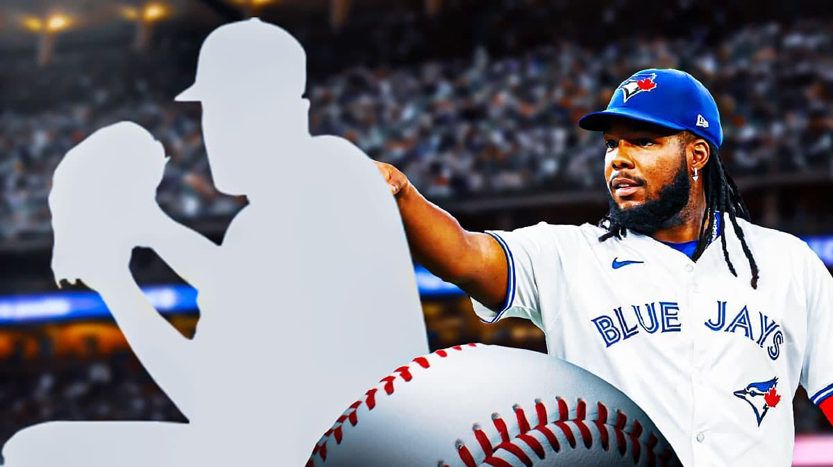 Blue Jays' Vladimir Guerrero Jr and a silhouette of a pitcher