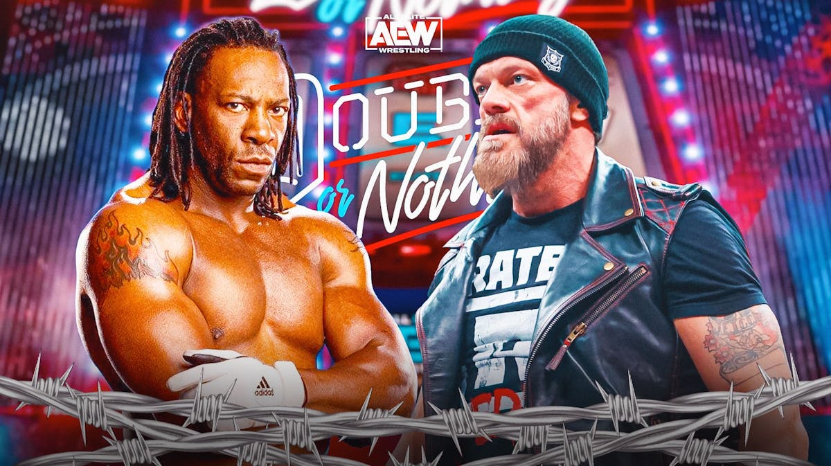 Adam Copeland next to Booker with the 2024 AEW Double or Nothing logo as the background.
