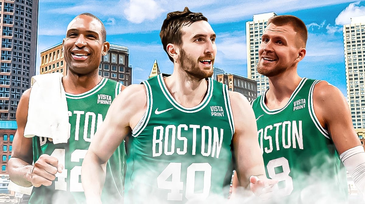 Celtics' Luke Kornet, Al Horford, Kristaps Porzingis