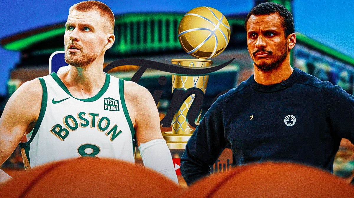 Celtics' Kristaps Porzingis, Joe Mazzulla, Larry O'Brien Championship Trophy, TD Garden