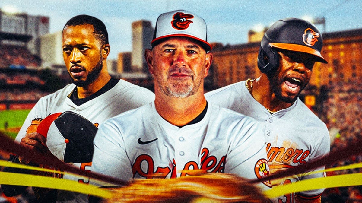 Baltimore Orioles manager Brandon Hyde and stars Cedric Mullins and Dillon Tate in front of Camden Yards.