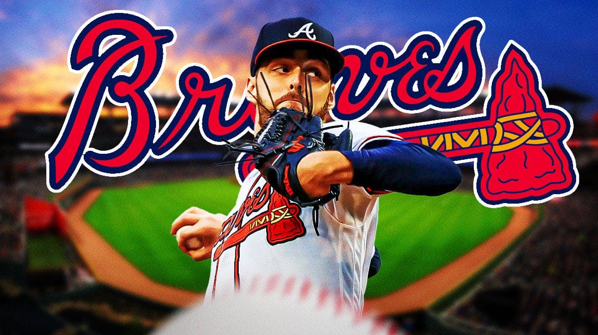Braves' Ian Anderson pitching a baseball with the Atlanta Braves' 2024 logo in background.