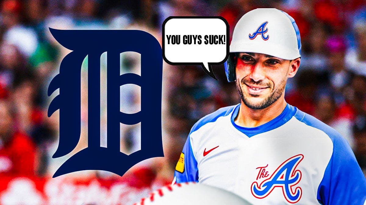 Matt Olson laughs and tells the Tigers logo "you guys suck!"