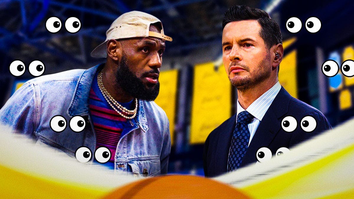 JJ Redick and LeBron James (normal clothes) in image. Place the eyes emoji all over the image.
