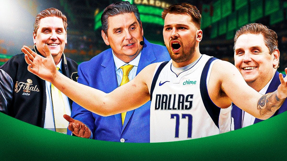 Mavericks' Luka Doncic looking like he's panicking, with multiple cutouts of Brian Windhorst's smiling face surrounding Doncic