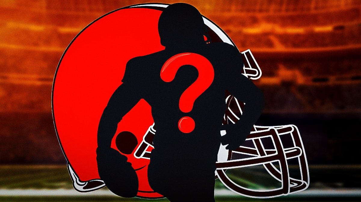 A silhouette of an American football player with a question mark in the middle. There is also a logo for the Cleveland Browns.