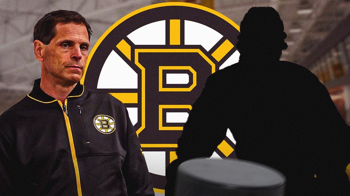 Danton Heinen as a silhouette. Bruins GM Don Sweeney. Bruins logo
