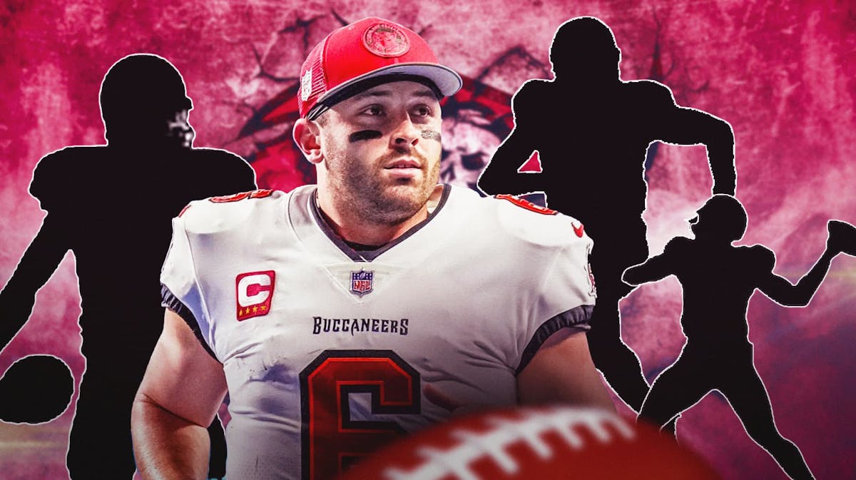 Baker Mayfield in the middle, 3 mystery players around him, Tampa Bay Buccaneers wallpaper in the background