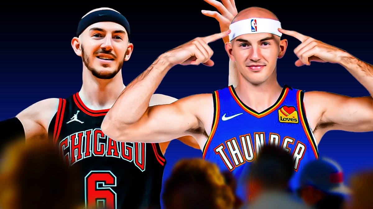 A double-image of Alex Caruso, one of him in his old Chicago Bulls jersey and another of him in an OKC Thunder jersey, trade