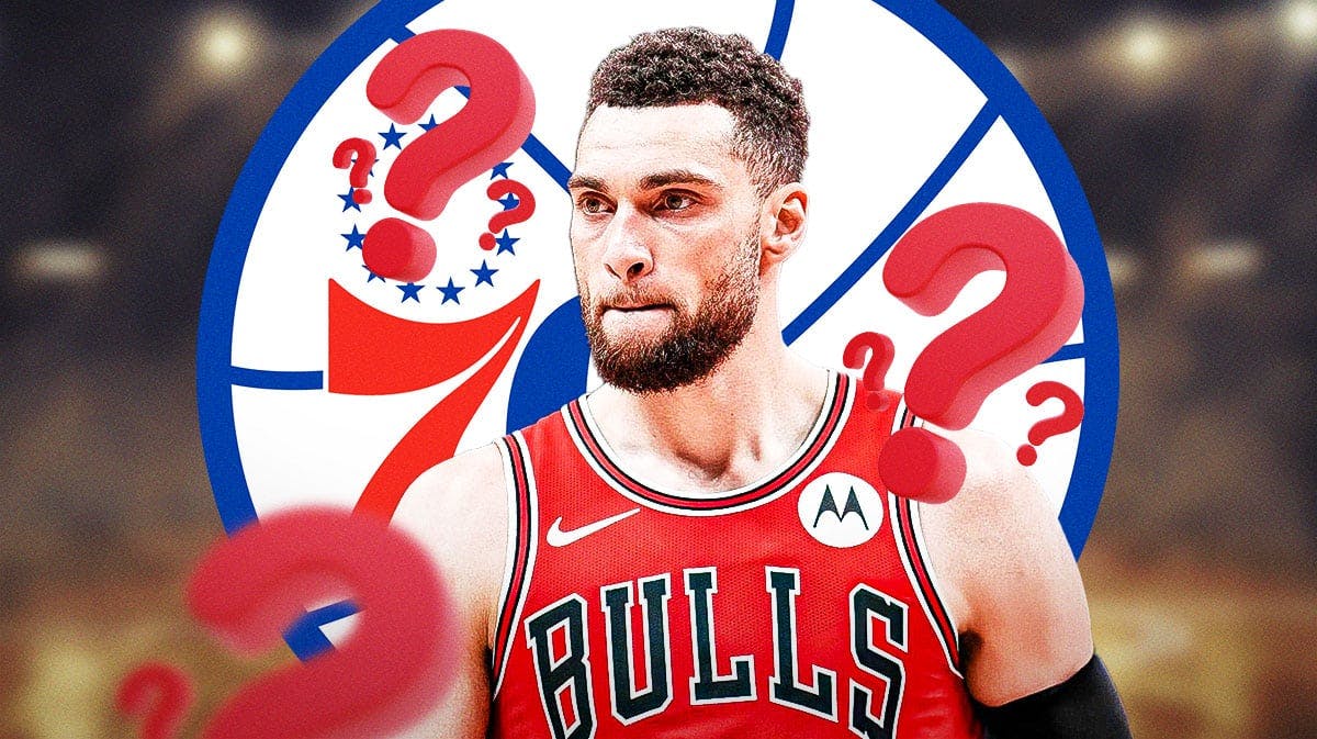 Zach LaVine in the middle, Question marks around him, Philadelphia 76ers wallpaper in the background