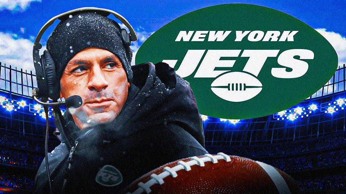 Robert Saleh next to a Jets logo