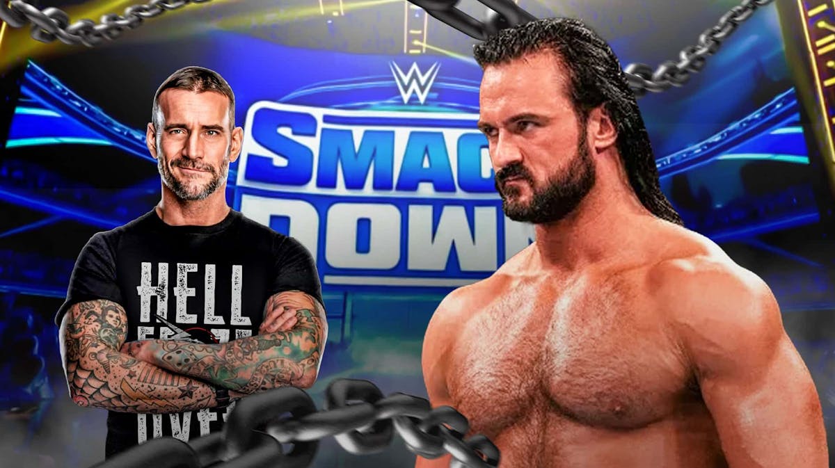 CM Punk next to Drew McIntyre with the SmackDown logo as the background.