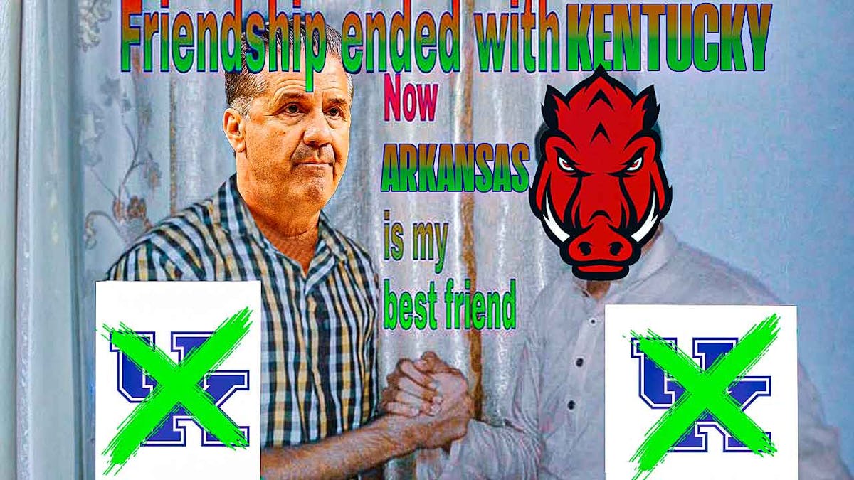 Friendship ended meme but the guy on the left has John Calipari's head and the guy on the left has the Arkansas basketball logo for his head. The picture with X's are both Kentucky basketball logo
