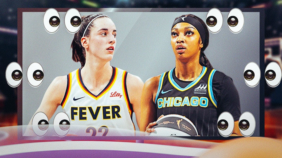 Indiana Fever player Caitlin Clark and Chicago Sky Player Angel Reese, with cut-outs of televisions and the eyes emoji