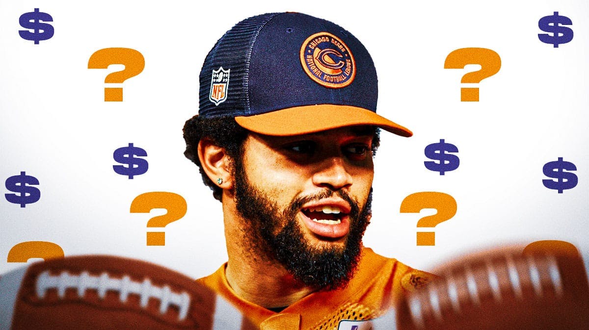 Chicago Bears quarterback Caleb Williams surrounded by question marks and dollar signs