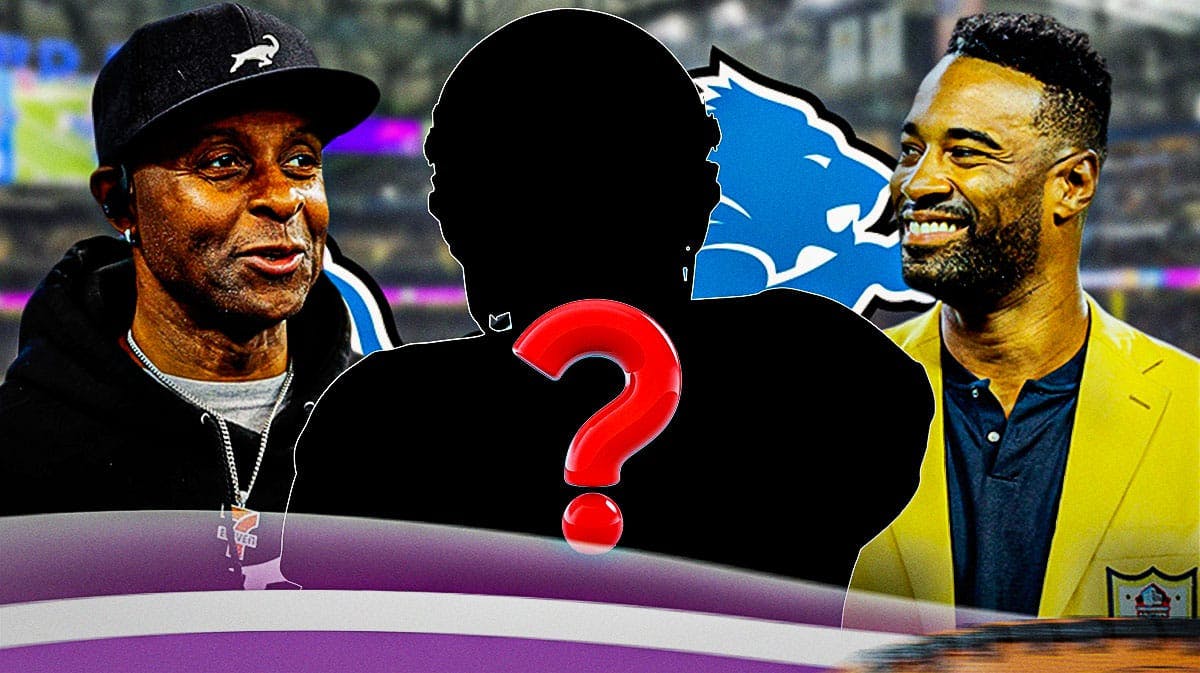 Former Detroit Lions wide receiver Calvin Johnson with former San Francisco 49ers wide receiver Jerry Rice and a silhouette of an American football player with a question mark emoji in the middle. There is also a logo for the Detroit Lions.