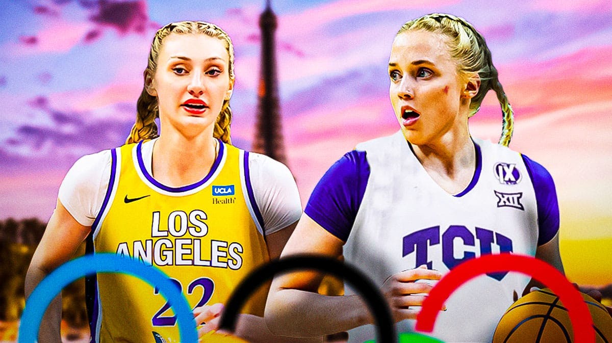 Indiana Fever player Cameron Brink, and TCU women's basketball player Hailey Van Lith, with the Olympic Rings in the foreground of the graphic, and the city of Paris, France in the background