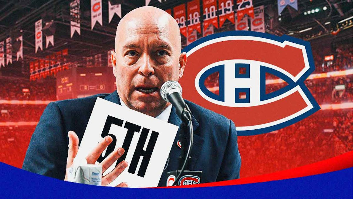 Kent Hughes holding the 5th pick, Montreal Canadiens logo in the background.
