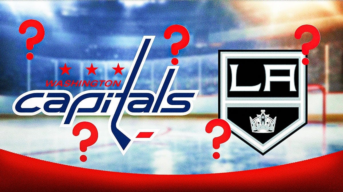A logo for the Washington Capitals and a logo for the Los Angeles Kings. They are both surrounded by big red question mark emojis.