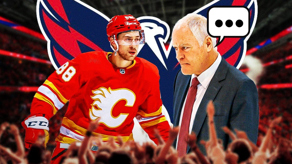 Washington Capitals general manager Brian MacLellan with forward Andrew Mangiapane. MacLellan has a speech bubble with the three dots emoji inside. There is also a logo for the Washington Capitals.