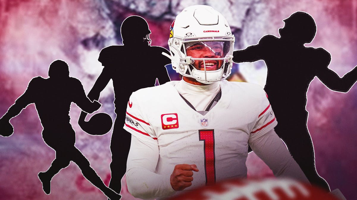 Kyler Murray in the middle, 3 mystery players around him, Arizona Cardinals wallpaper in the background