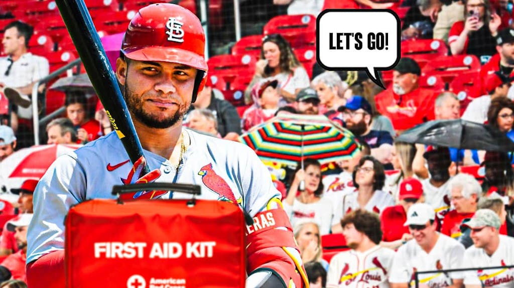 Willson Contreras on one side with an injury kit in front of him, a bunch of St. Louis Cardinals fans on the other side with a speech bubble that says "Let's go!"
