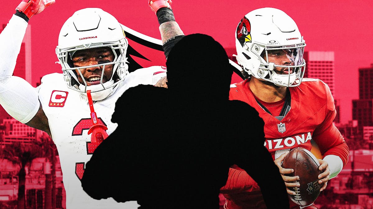 Mystery player in the middle, Kyler Murray, Budda Baker around him, Arizona Cardinals wallpaper in the background