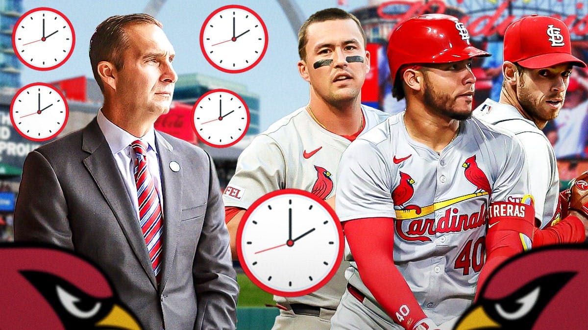 Cardinals' John Mozeliak looking at Willson Contreras, Lars Nootbaar, and Steven Matz, with plenty of clocks all over them