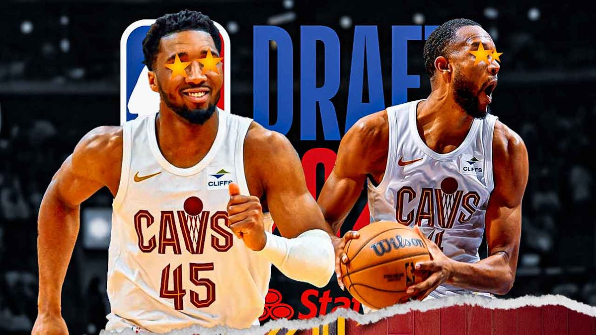 Cavs Donovan Mitchell and Evan Mobley with stars in their eyes next to the 2024 NBA Draft logo