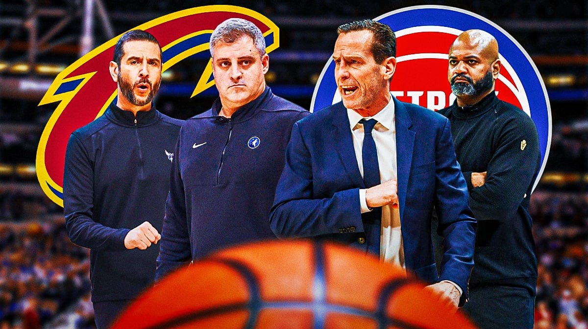 Kenny Atkinson, Micah Nori, James Borrego and JB Bickerstaff in front of the Detroit Pistons and Cleveland Cavaliers logos