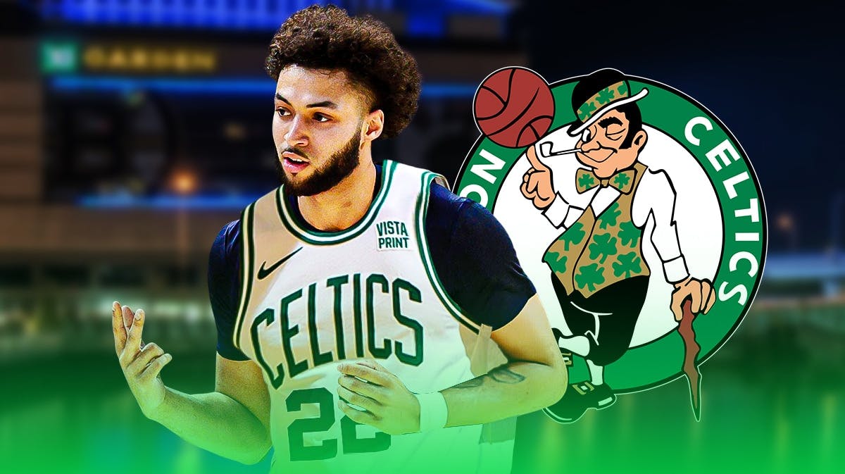 Celtics Anton Watson next to a Celtics logo