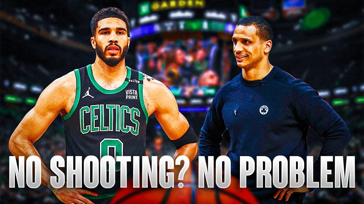 Celtics' Jayson Tatum smiling, with Joe Mazzulla looking pleased, caption below: NO SHOOTING? NO PROBLEM