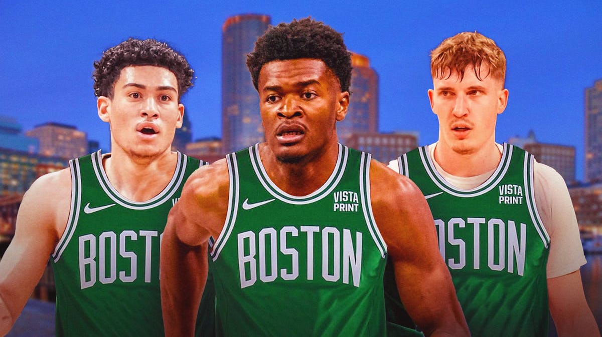 : KJ Simpson, Baylor Scheierman, and Yves Missi with Celtics jerseys on