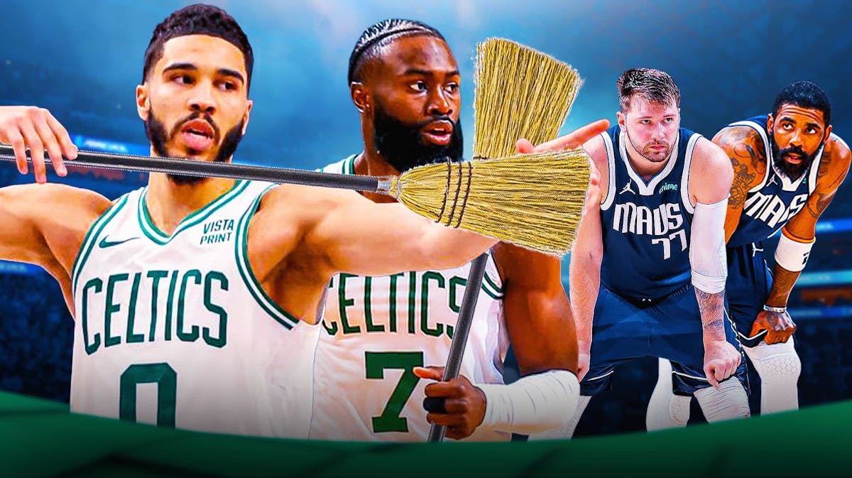 Celtics' Jaylen Brown and Jayson Tatum sweeping Mavericks' Luka Doncic and Kyrie Irving with a broom
