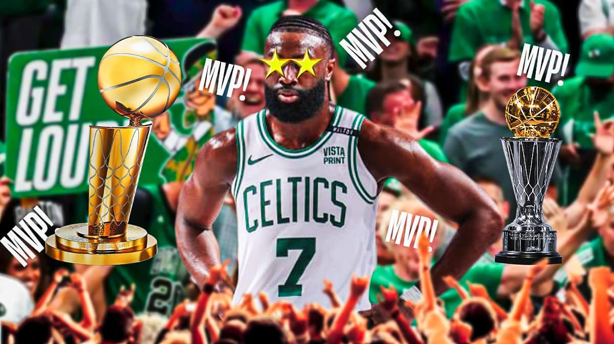 Celtics' Jaylen Brown with NBA Finals MVP trophy