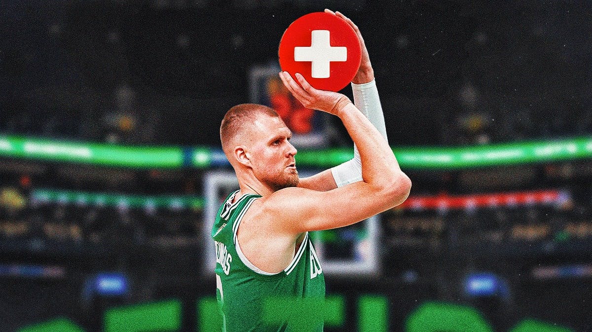 Kristaps Porzingis (Celtics) shooting a ball but replace the ball with a medical cross symbol